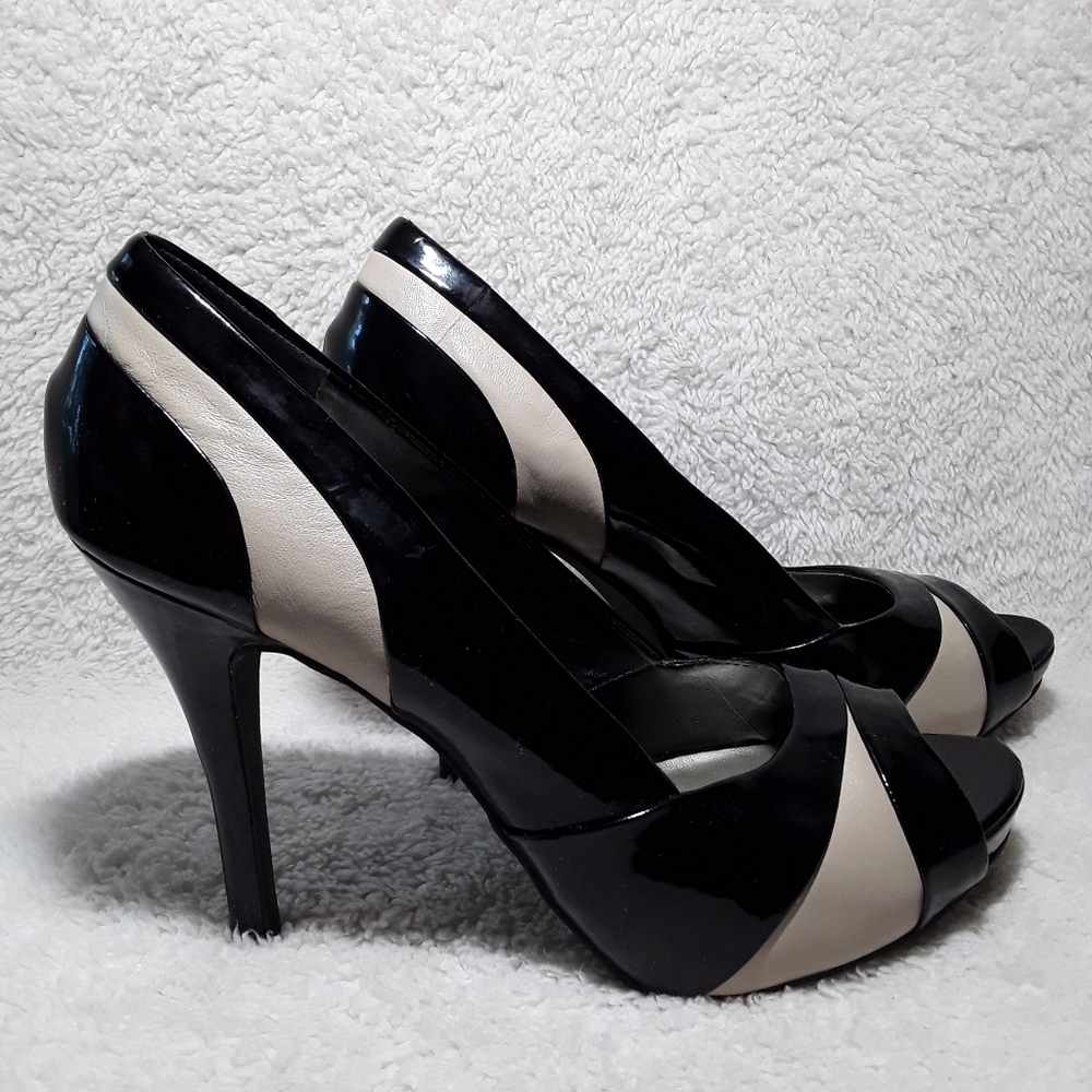 Nine West Leather Black/Beige Peep Toe Pumps Sz7.5 - Picture 5 of 13